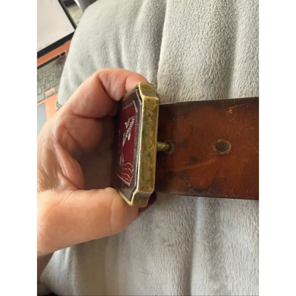 BTS Vintage Brass & Leather Nautical Themed Belt Buckle & Belt sz 30-34”